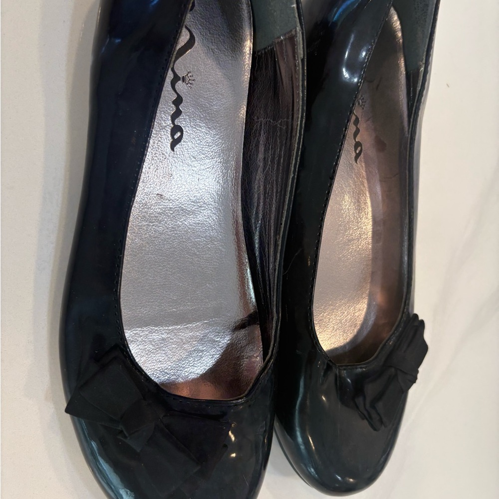 Nina Glossy Black Flats with Bow Accent